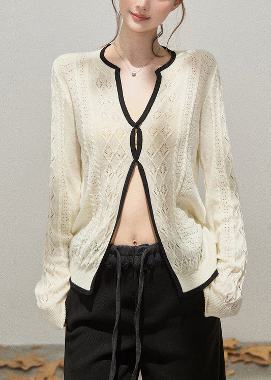 Women White Hollow Out Side Open Knit Tops Fall
