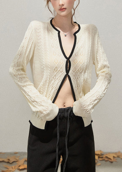 Women White Hollow Out Side Open Knit Tops Fall