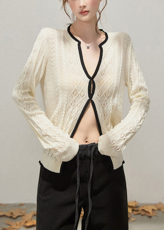 Women White Hollow Out Side Open Knit Tops Fall