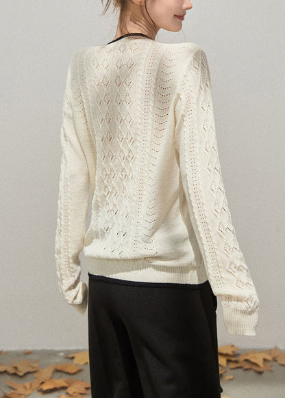 Women White Hollow Out Side Open Knit Tops Fall