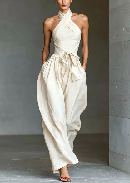 Women White Hollow Out Tie Waist Jumpsuit Summer