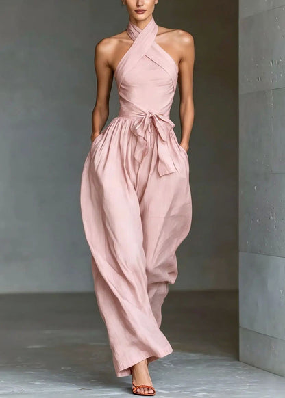 Women White Hollow Out Tie Waist Jumpsuit Summer