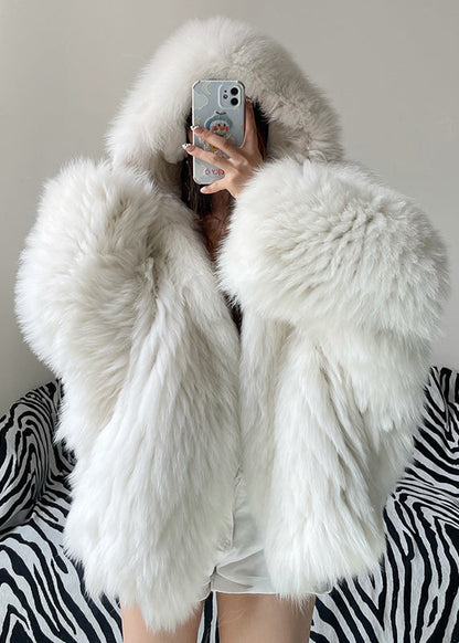 Women White Hooded Fine Fox Fur Jacket Winter