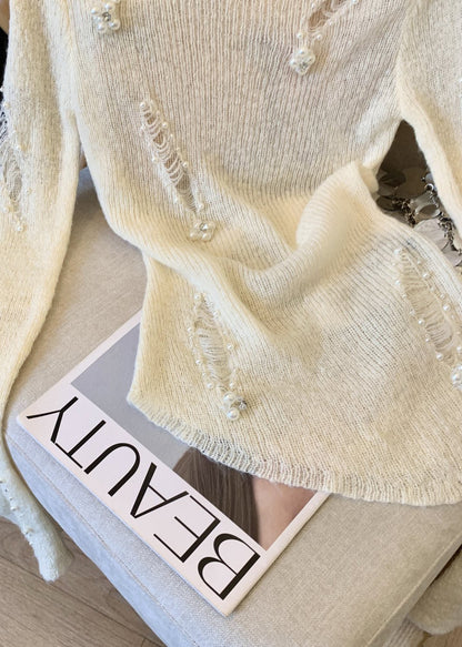 Women White Nail Bead Knit Ripped Sweater Spring