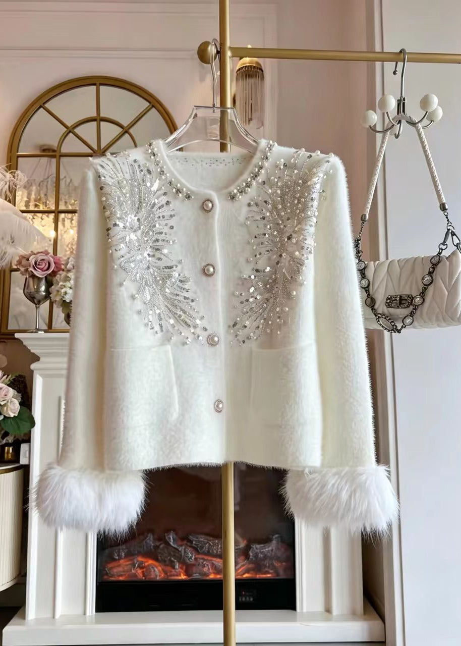 Women White Nail Bead Sequins Cuff Fur Trim Mink Hair Knitted Cardigan Fall