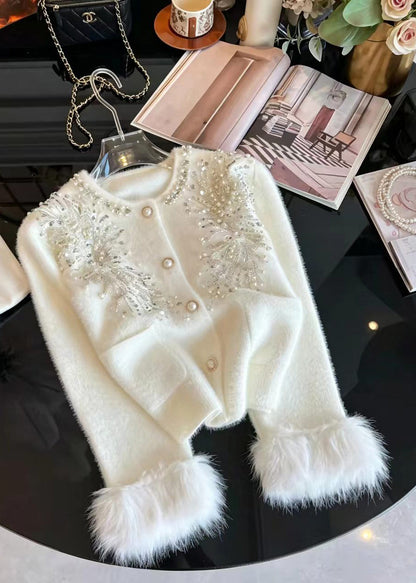 Women White Nail Bead Sequins Cuff Fur Trim Mink Hair Knitted Cardigan Fall