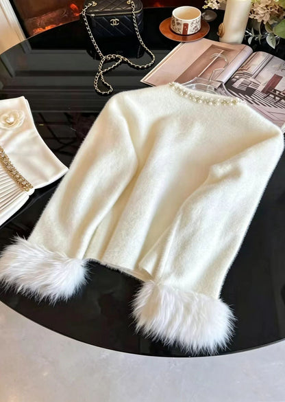 Women White Nail Bead Sequins Cuff Fur Trim Mink Hair Knitted Cardigan Fall