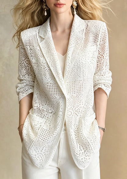 Women White Notched Cut Out Pockets Jacket Long Sleeve