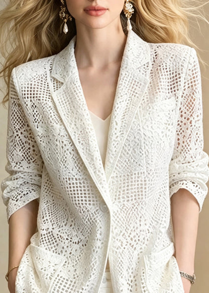 Women White Notched Cut Out Pockets Jacket Long Sleeve