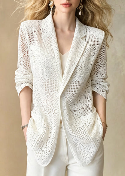 Women White Notched Cut Out Pockets Jacket Long Sleeve