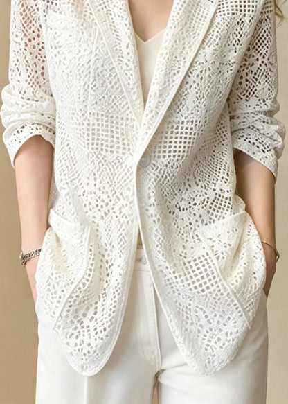 Women White Notched Cut Out Pockets Jacket Long Sleeve
