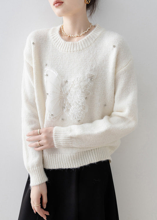 Women White O Neck Butterfly Zircon Knit Sweater Tops Spring