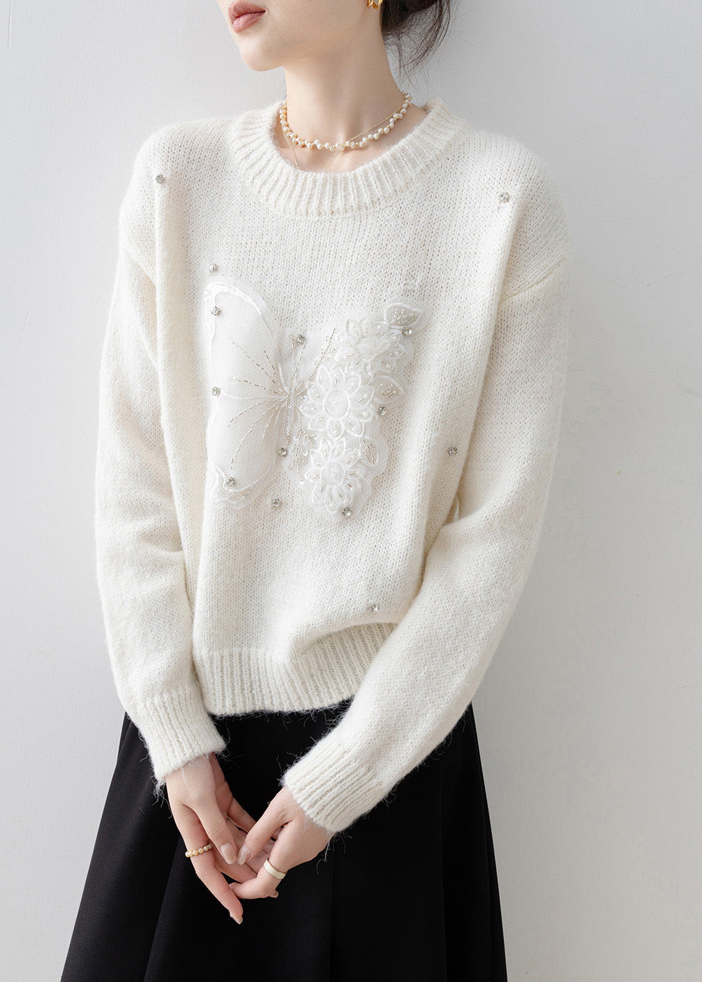 Women White O Neck Butterfly Zircon Knit Sweater Tops Spring