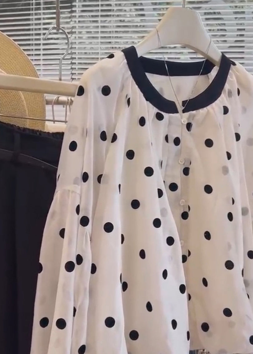 Women White O Neck Dot Button Cotton Shirts Long Sleeve