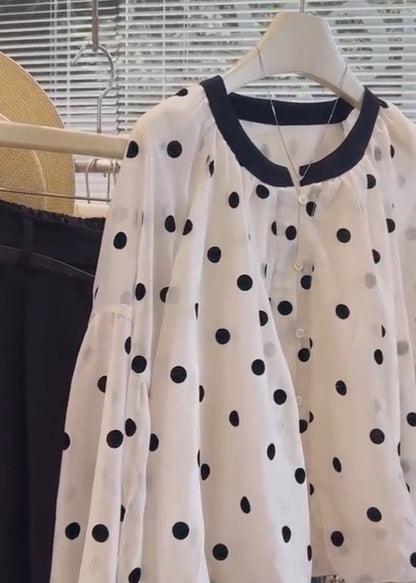 Women White O Neck Dot Button Cotton Shirts Long Sleeve