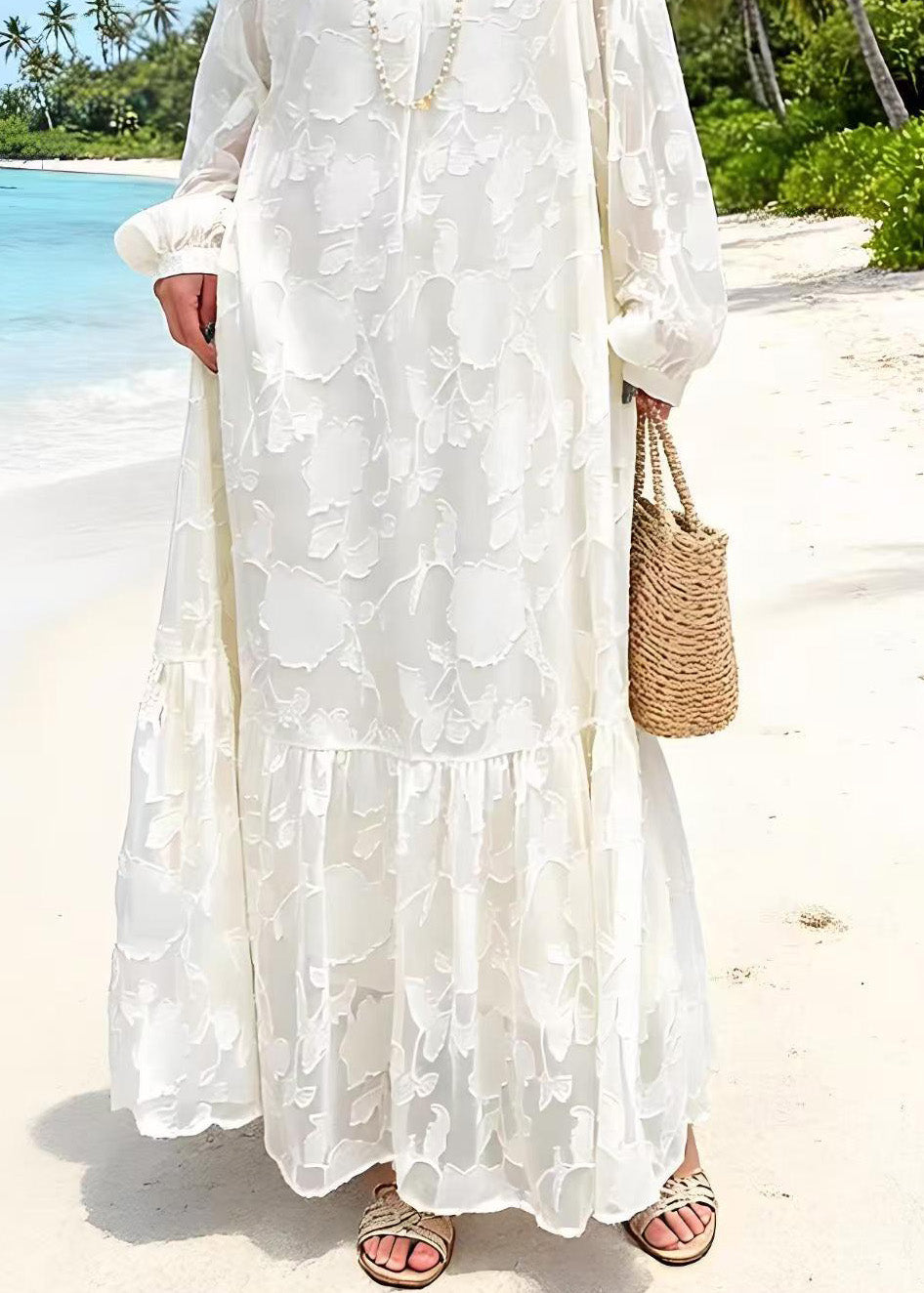 Women White O Neck Embroidered Lace Dresses Spring
