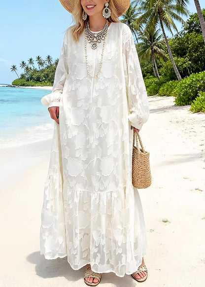 Women White O Neck Embroidered Lace Dresses Spring