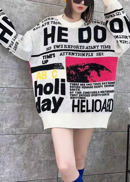 Women White O Neck Graphic Plus Size Knit Sweater Spring