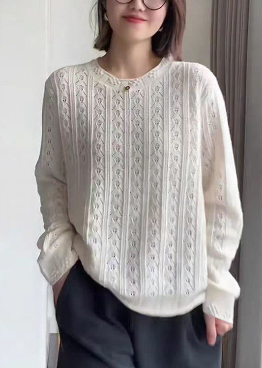 Women White O Neck Hollow Out Knit Top Fall