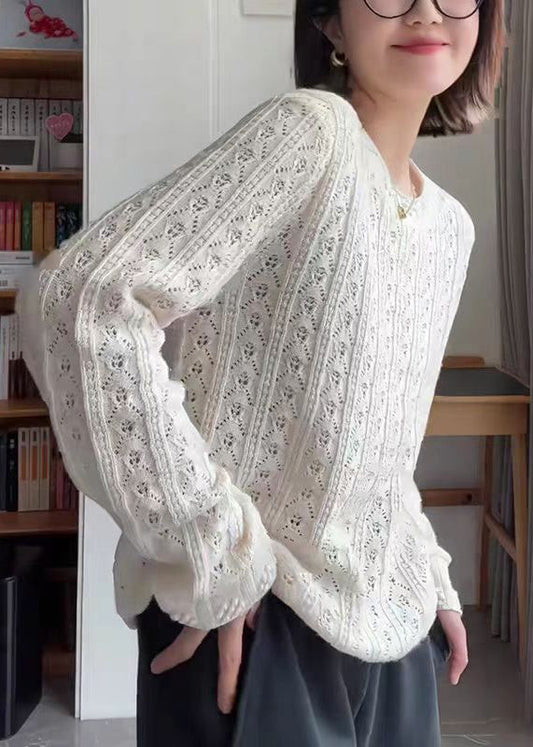 Women White O Neck Hollow Out Knit Top Fall