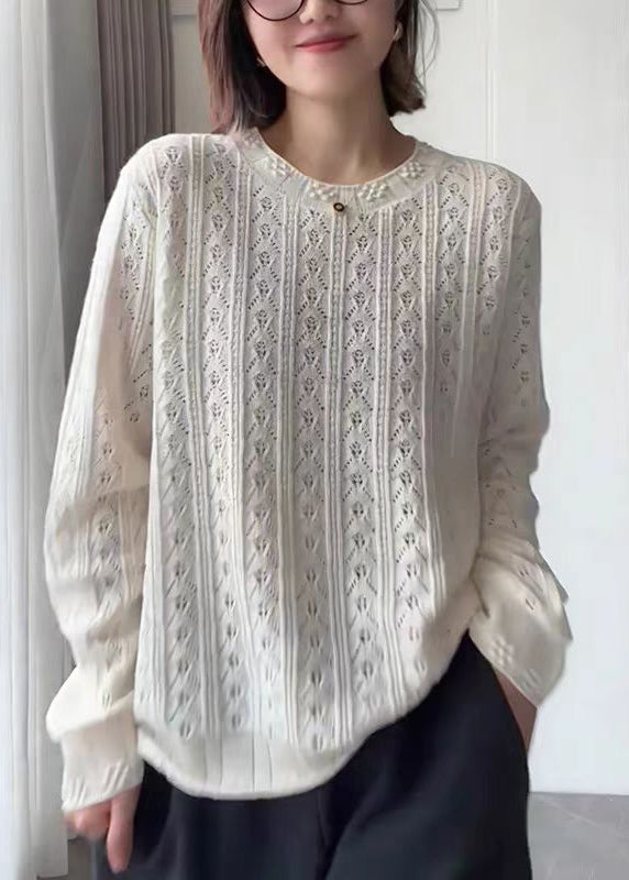 Women White O Neck Hollow Out Knit Top Fall