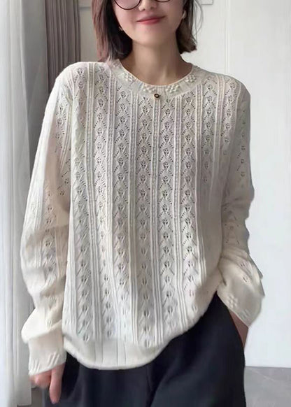 Women White O Neck Hollow Out Knit Top Fall