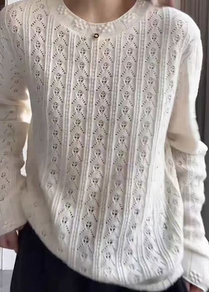 Women White O Neck Hollow Out Knit Top Fall