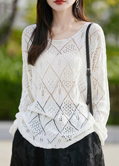 Women White O Neck Hollow Out Thin Knit Sweater Fall