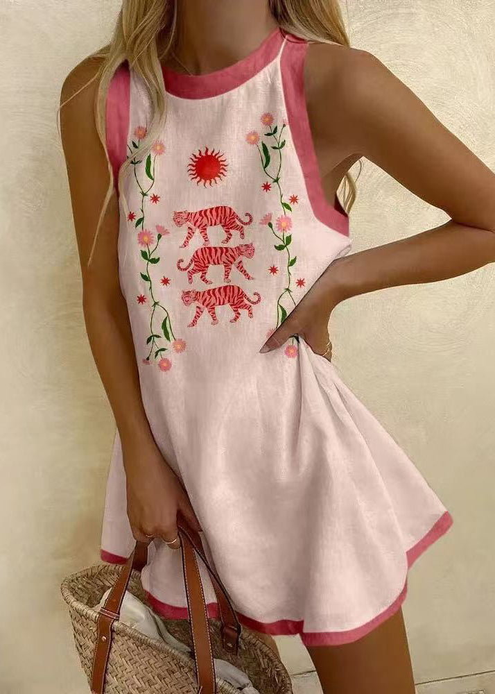 Women White O Neck Print Patchwork Cotton Mini Dresses Sleeveless