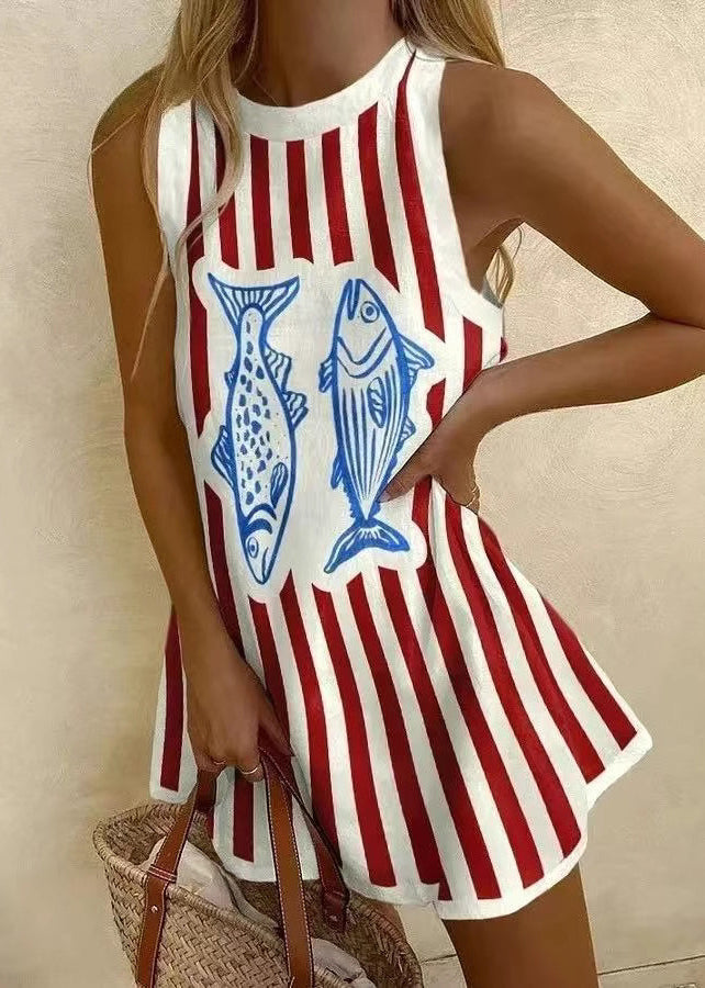 Women White O Neck Print Patchwork Cotton Mini Dresses Sleeveless