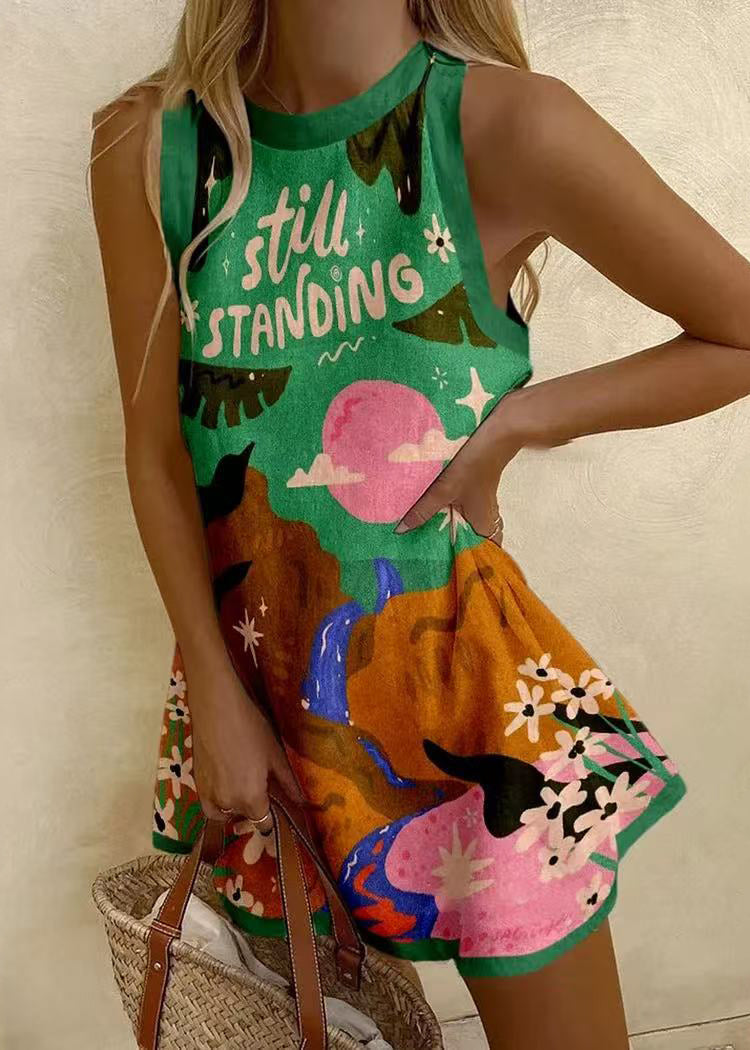 Women White O Neck Print Patchwork Cotton Mini Dresses Sleeveless