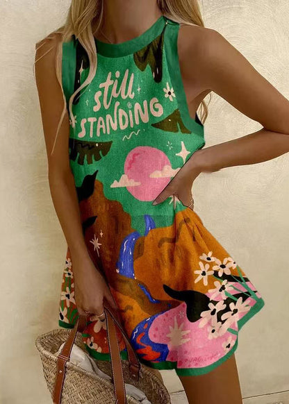 Women White O Neck Print Patchwork Cotton Mini Dresses Sleeveless