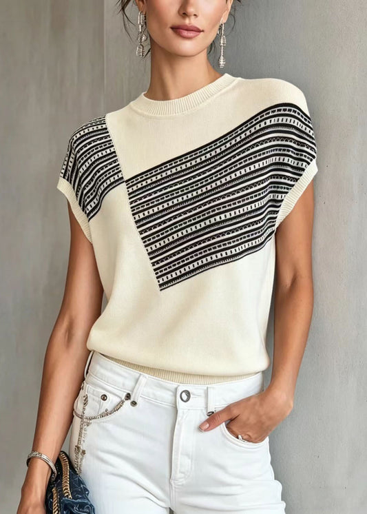 Women White O Neck Print Thin Knit Blouse Tops Summer
