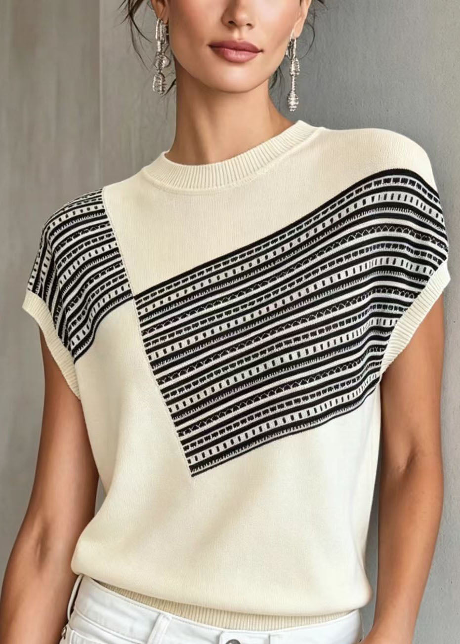 Women White O Neck Print Thin Knit Blouse Tops Summer