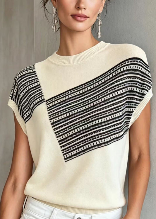 Women White O Neck Print Thin Knit Blouse Tops Summer