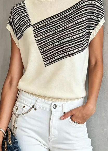 Women White O Neck Print Thin Knit Blouse Tops Summer