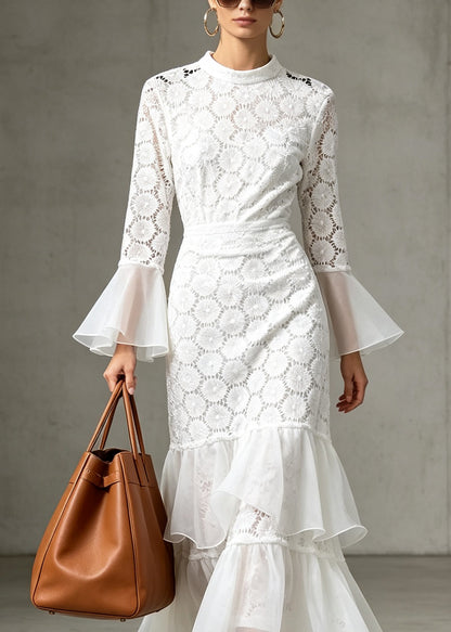 Women White O-Neck Ruffled Patchwork Lace Dress Flare Sleeve