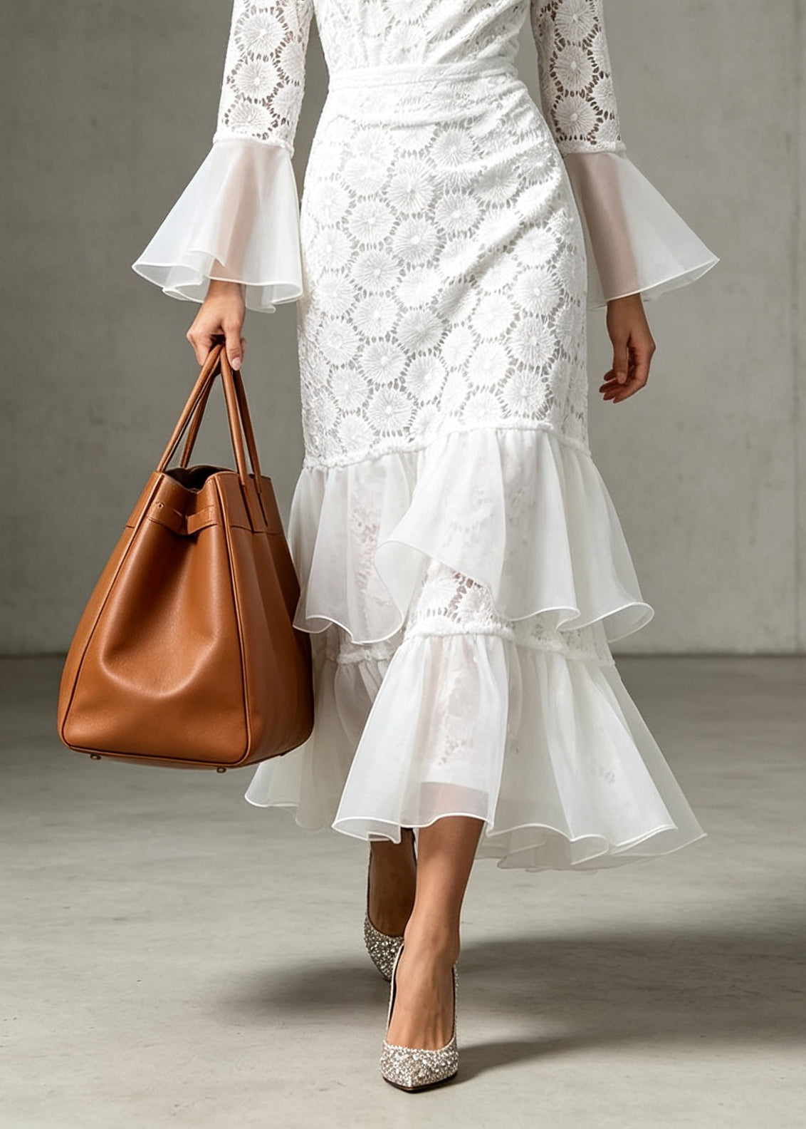 Women White O-Neck Ruffled Patchwork Lace Dress Flare Sleeve