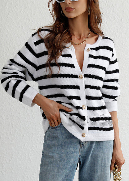 Women White O Neck Striped Knit Loose Cardigans Spring