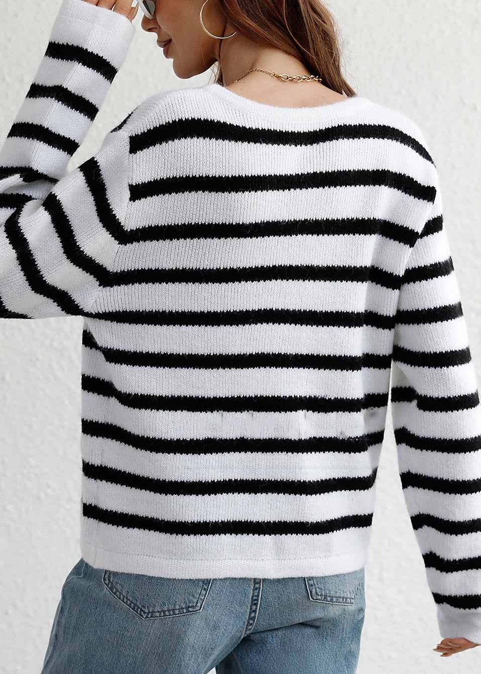 Women White O Neck Striped Knit Loose Cardigans Spring