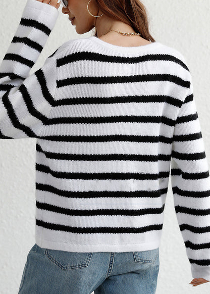 Women White O Neck Striped Knit Loose Cardigans Spring
