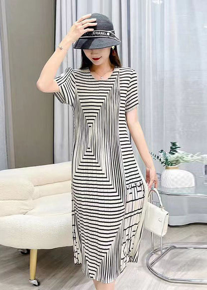 Women White O Neck Striped Wrinkled Silk Dresses Summer
