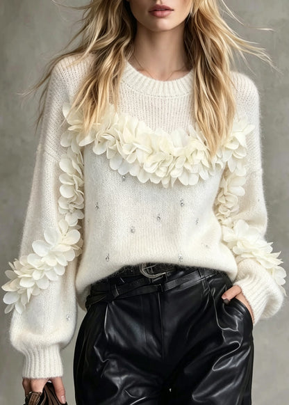 Women White O Neck Thick Floral Zircon Knit Sweaters Fall