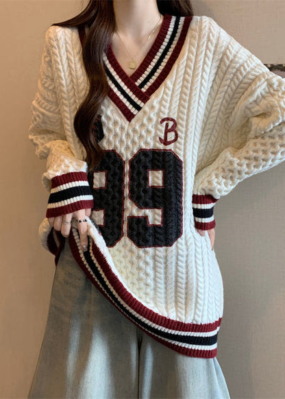 Women White Oversized Embroidered Knit Sweater Tops Fall