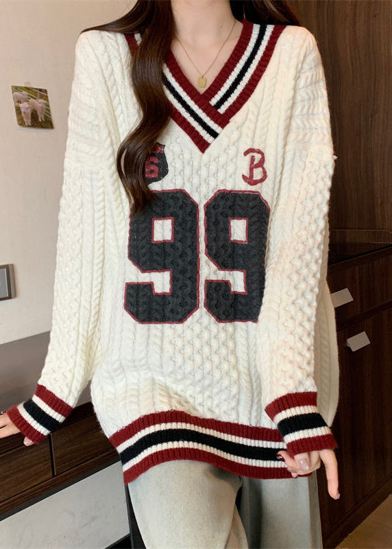 Women White Oversized Embroidered Knit Sweater Tops Fall