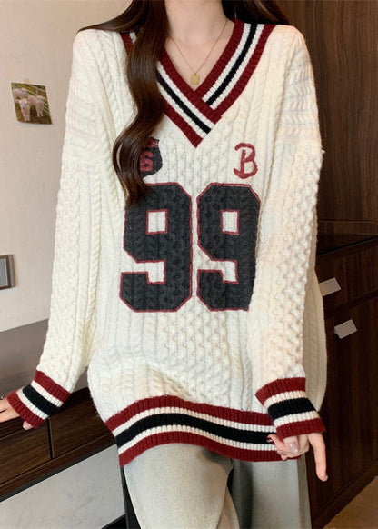 Women White Oversized Embroidered Knit Sweater Tops Fall