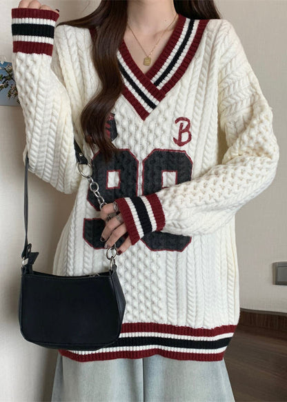 Women White Oversized Embroidered Knit Sweater Tops Fall