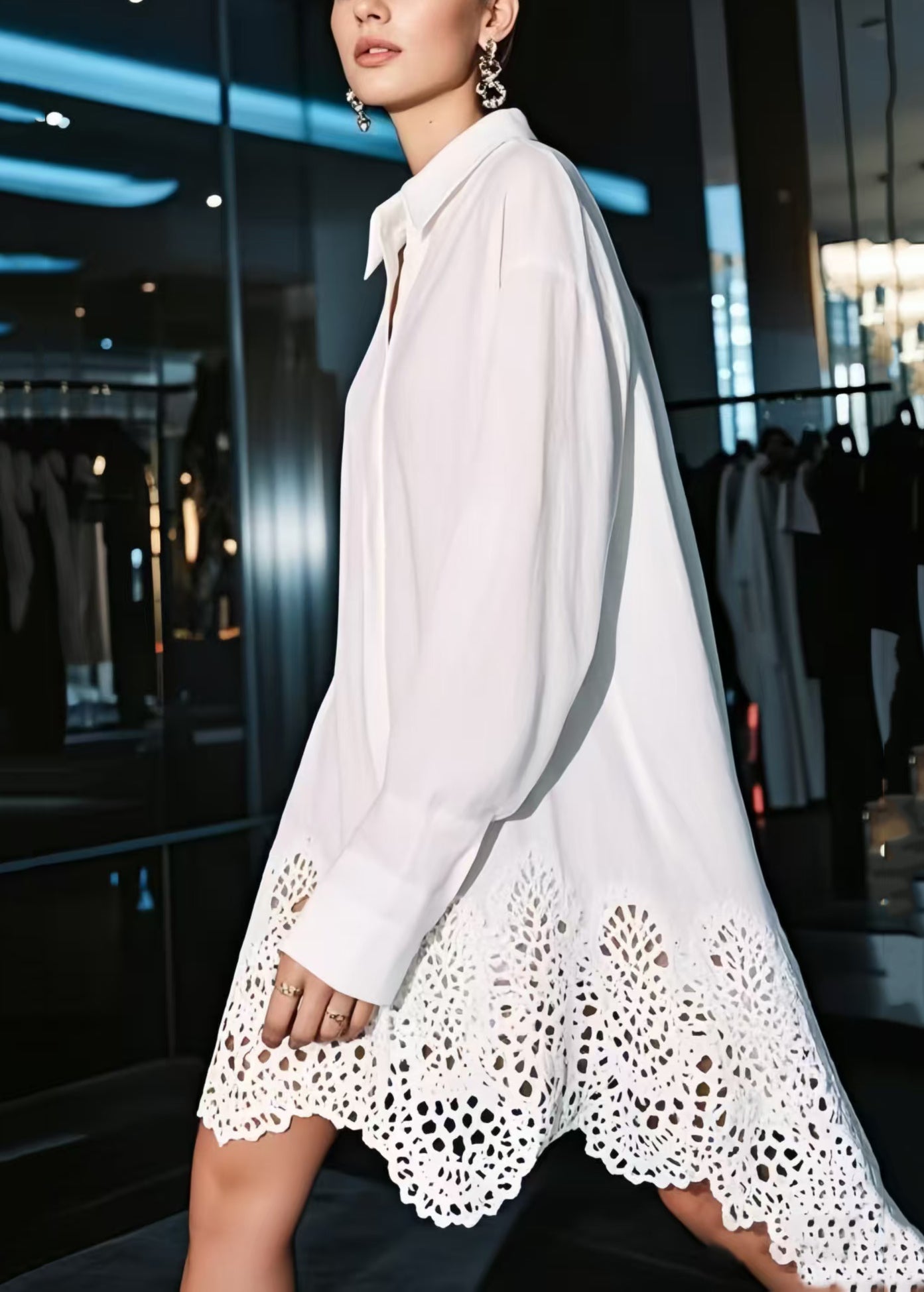 Women White Oversized Hollow Out Cotton Shirt Dresses Spring