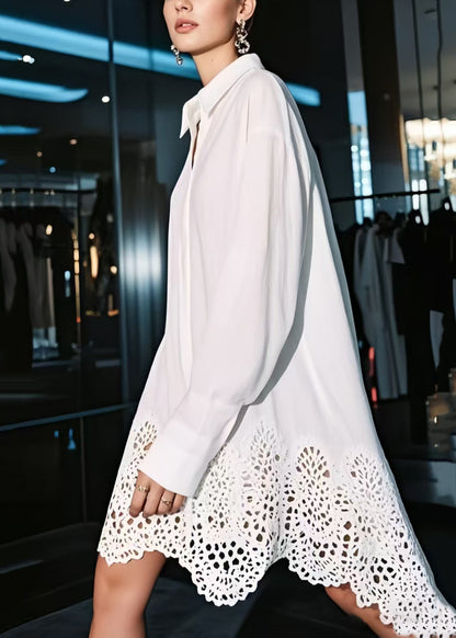 Women White Oversized Hollow Out Cotton Shirt Dresses Spring