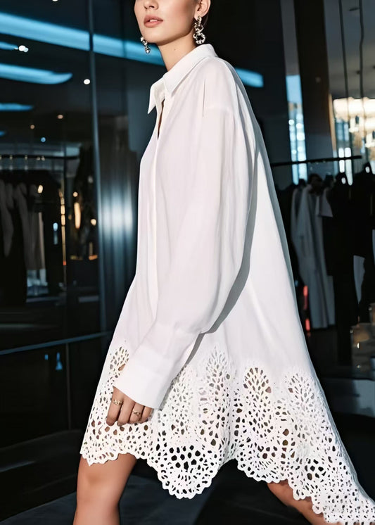 Women White Oversized Hollow Out Cotton Shirt Dresses Spring